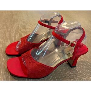Wild Rose 10 Red Lace Strappy Heels Rhinestone Buckle Open Toe Kitten Sandals
